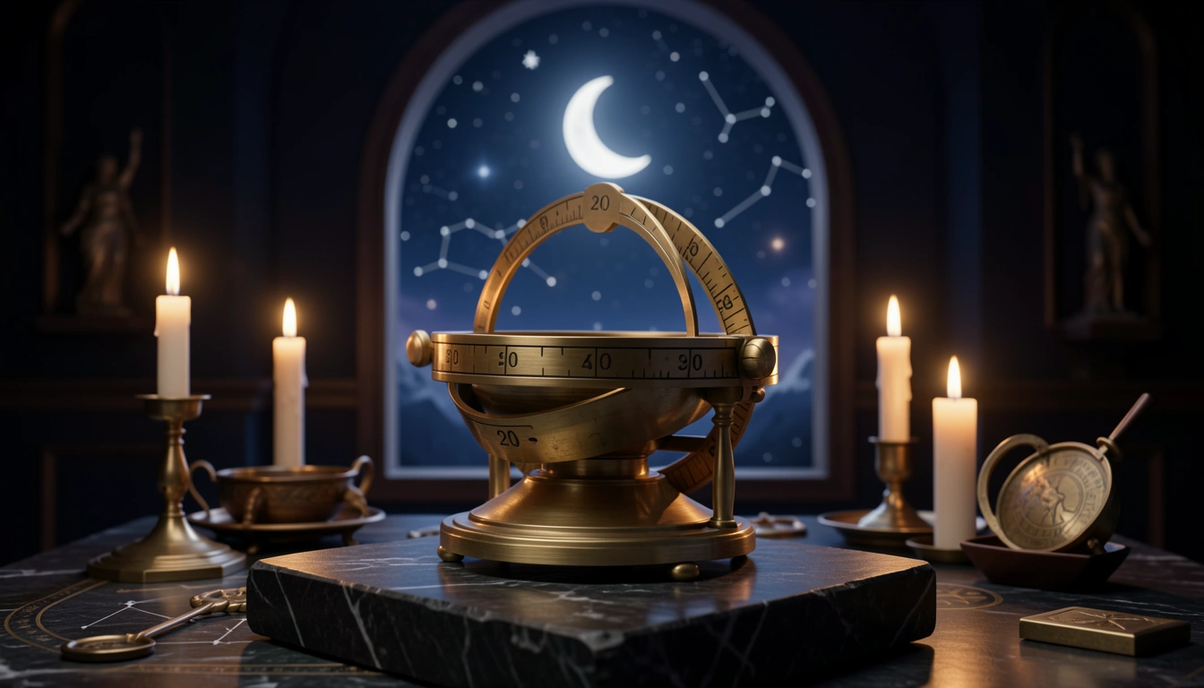 Brass Vedic astronomical instrument with engraved degree markings beside a crescent moon