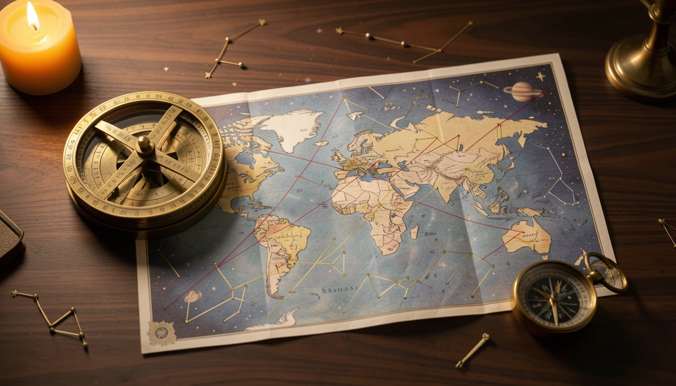 Brass astrolabe and world map with planetary lines on a dark wooden desk lit by candlelight