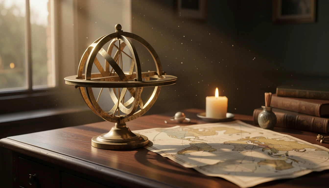Brass armillary sphere and world map on a desk in warm golden light, illustrating astrocartography and relocation astrology