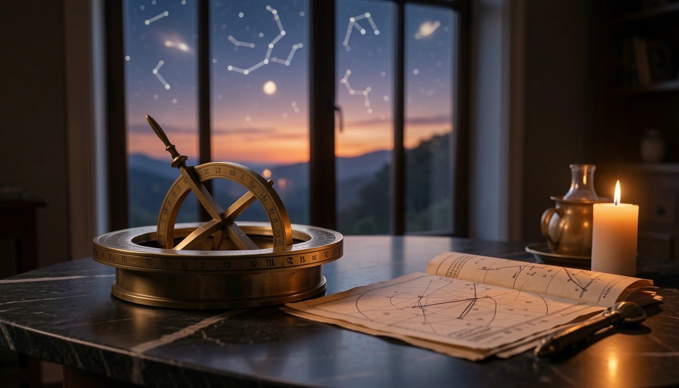 Brass astrolabe and nautical chart on a stone table lit by candlelight
