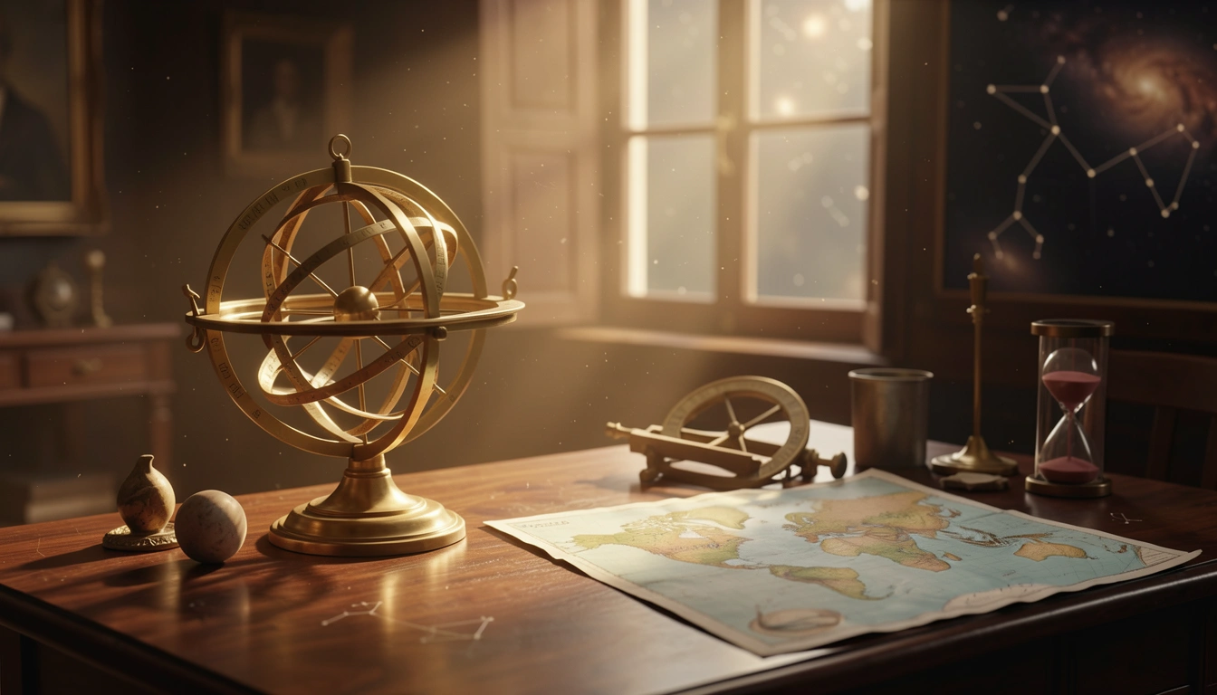 Brass astronomical instruments and a world map on a dark table in golden light