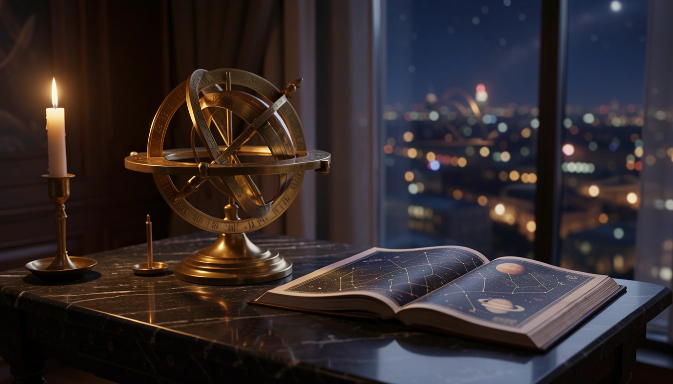 Brass astronomical instrument and star atlas on a dark stone table beside a window overlooking a blurred city at night