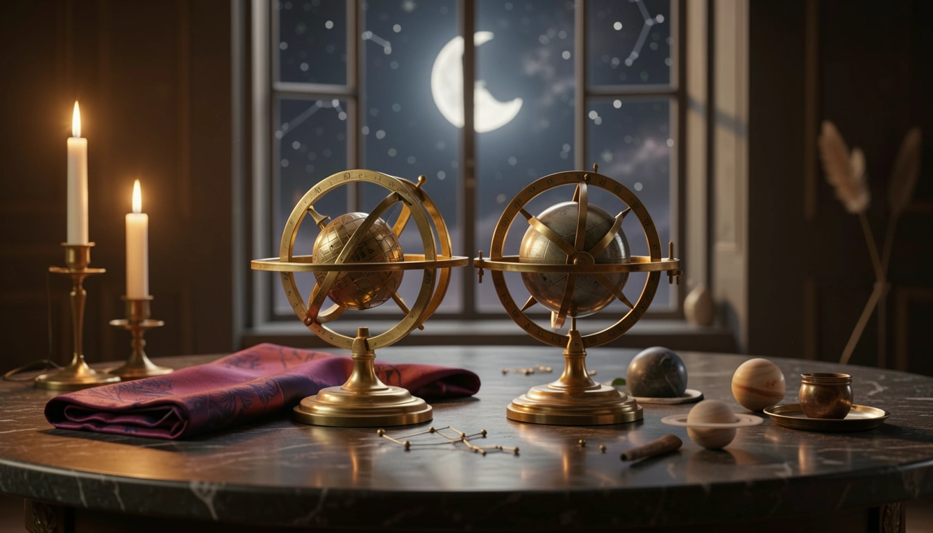 Brass astronomical instruments and rose silk on a polished stone table lit by candlelight