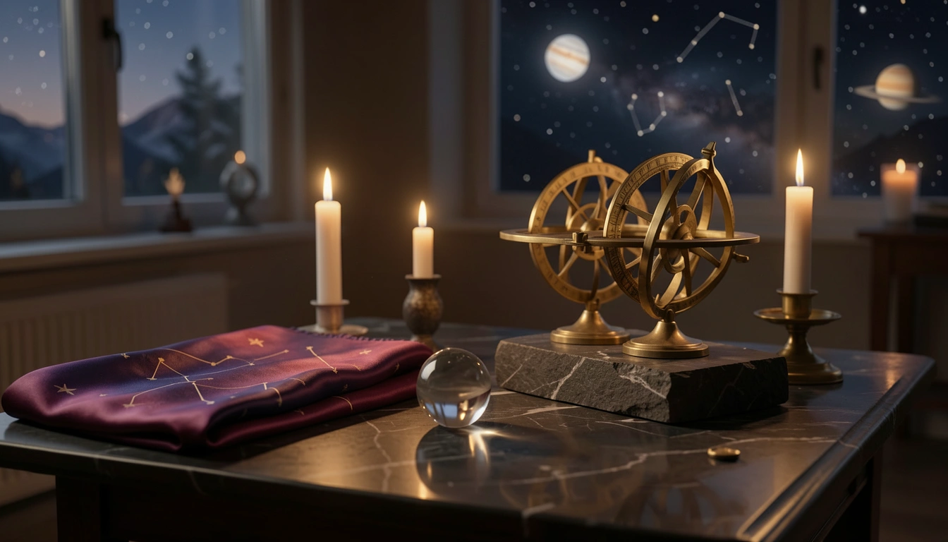 Candlelit table with brass astronomical instruments, silk cloth, and a crystal sphere in warm side-light