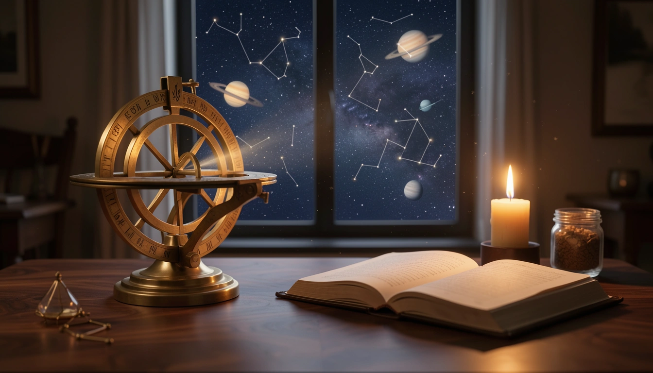 Brass astronomical instrument and open journal lit by candlelight beneath a night sky