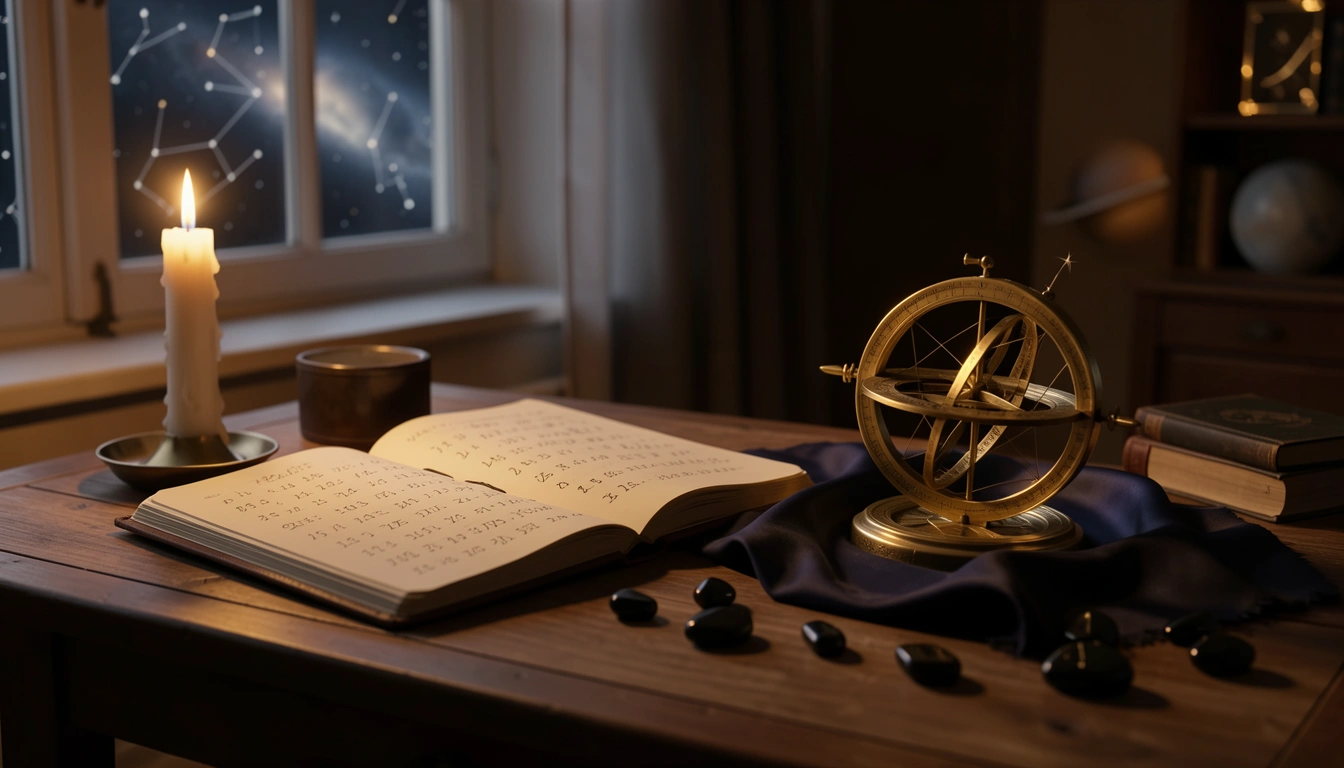Candlelit table with journal, brass astrolabe, and polished stones at dusk