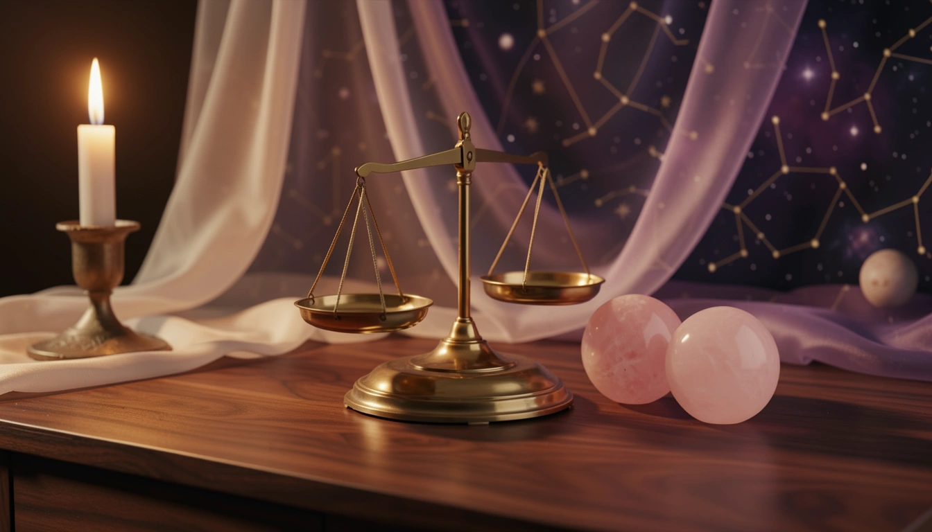 Brass balance scale and rose quartz spheres in candlelit still life
