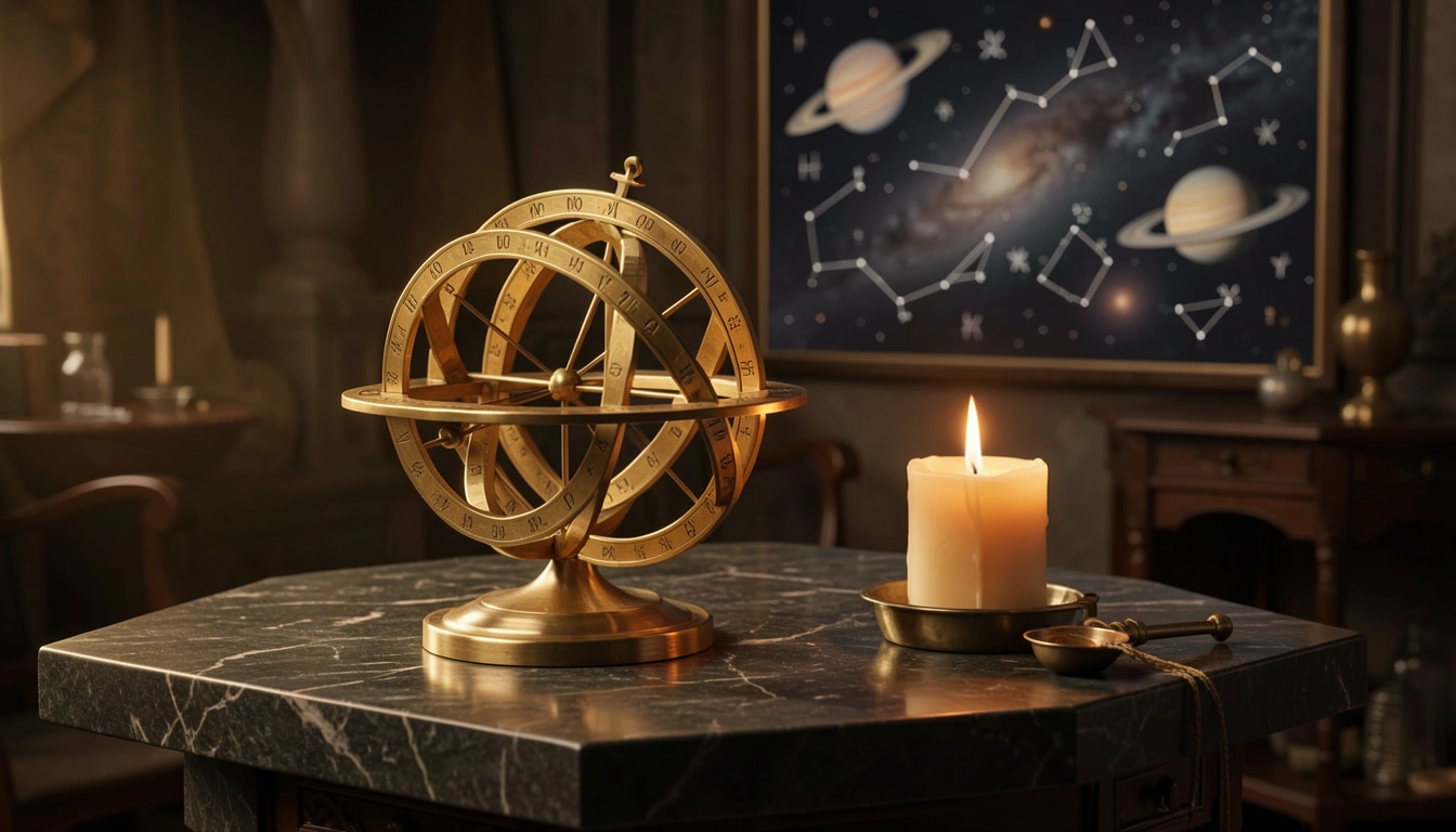 Brass astronomical instrument and candle on a dark stone table in warm side-light