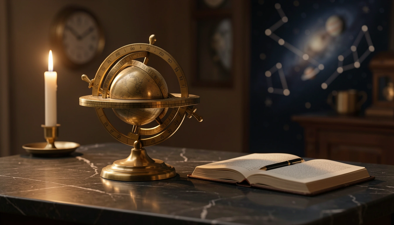 Brass astronomical instrument and notebook on a dark stone table lit by candlelight