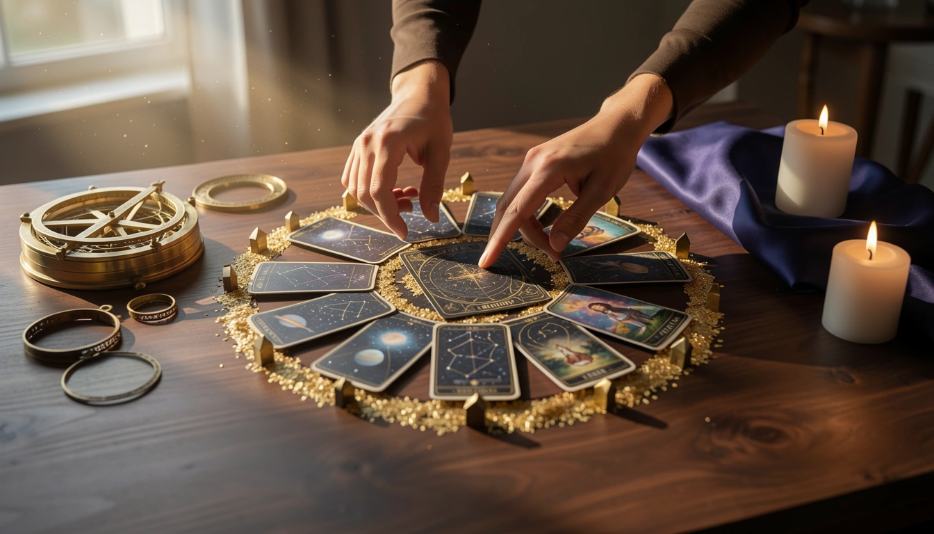 Cast an authentic 12-house astrological wheel tarot spread for the year ahead with 13 cards including master quintessence guidance. Cast an authentic 12-house astrological wheel tarot spread for the year ahead with 13 cards including master quintessence guidance.